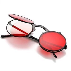 Red Round Lens Flip Up Clear Glasses Black Metal Frame Shades Sunglasses NEW